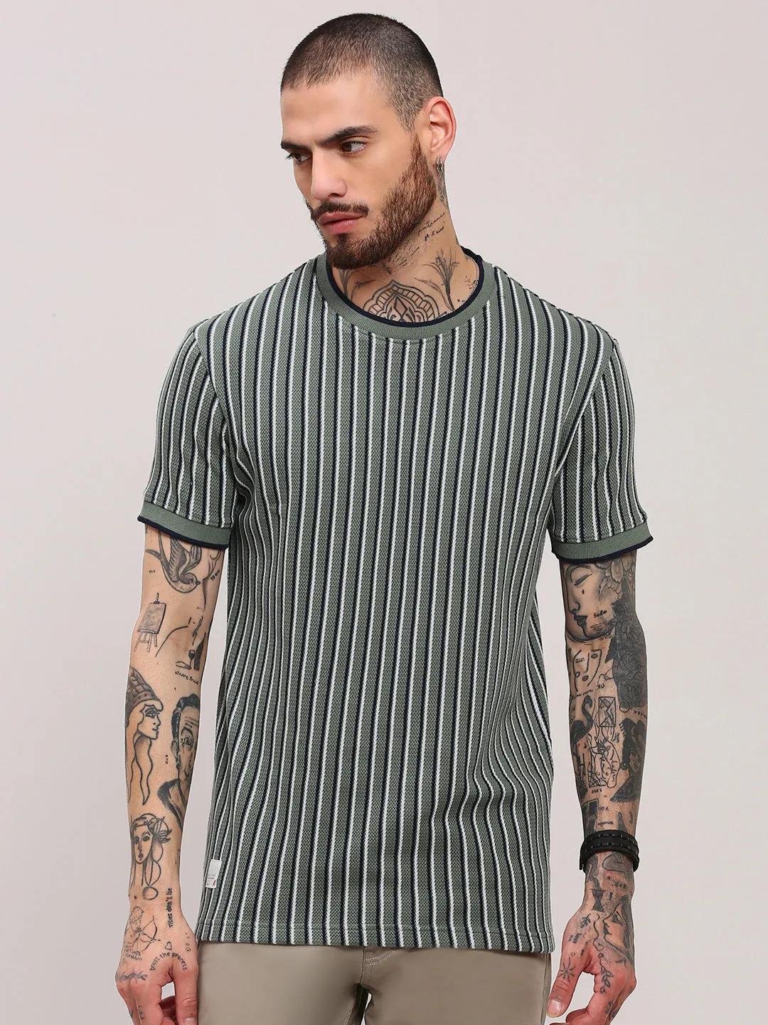 Village Charm FormFitting Cut Men's Green Vertical Striped T-Shirt