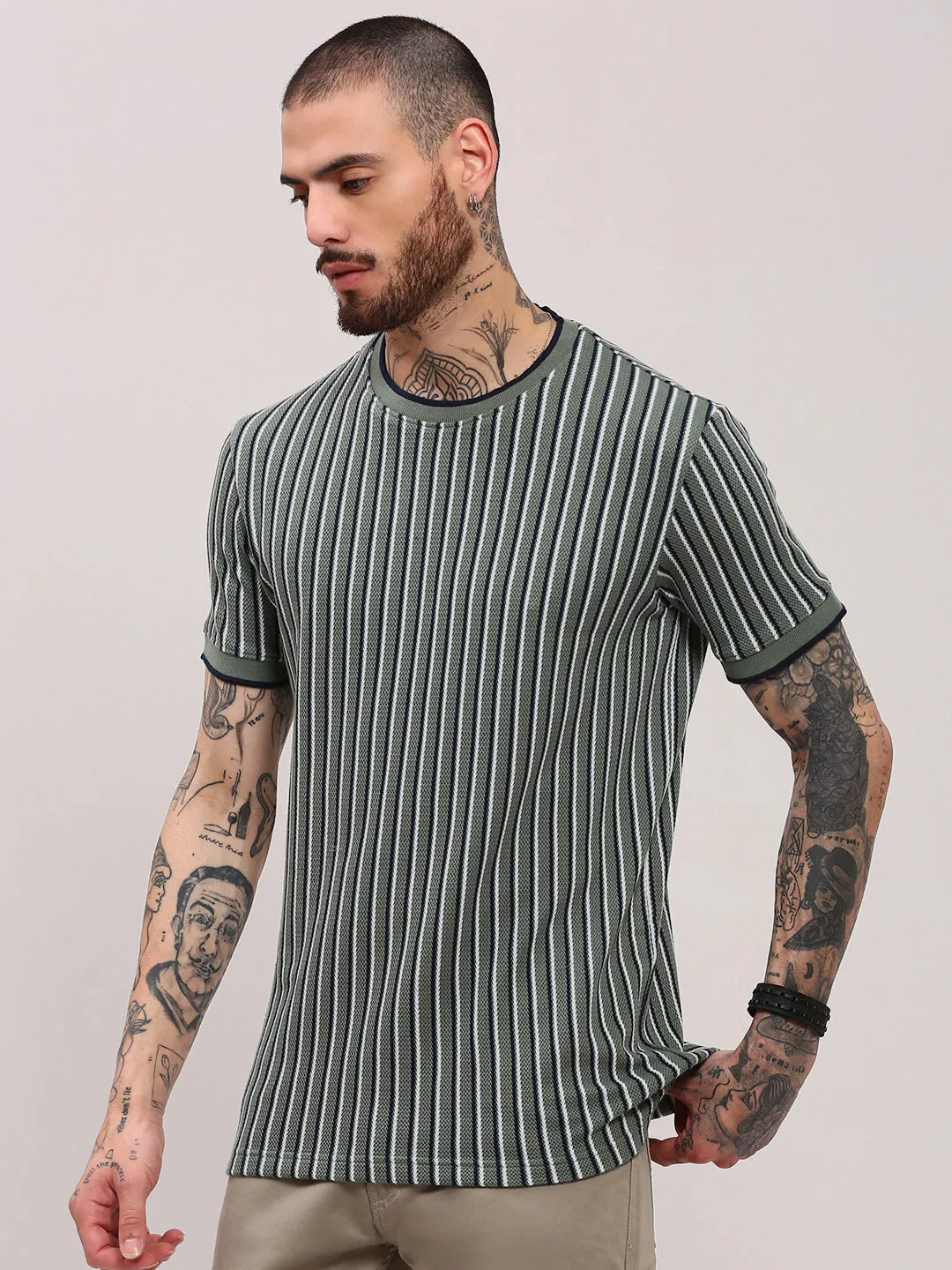 Men's Green Vertical Striped T-Shirt Conscious Fit