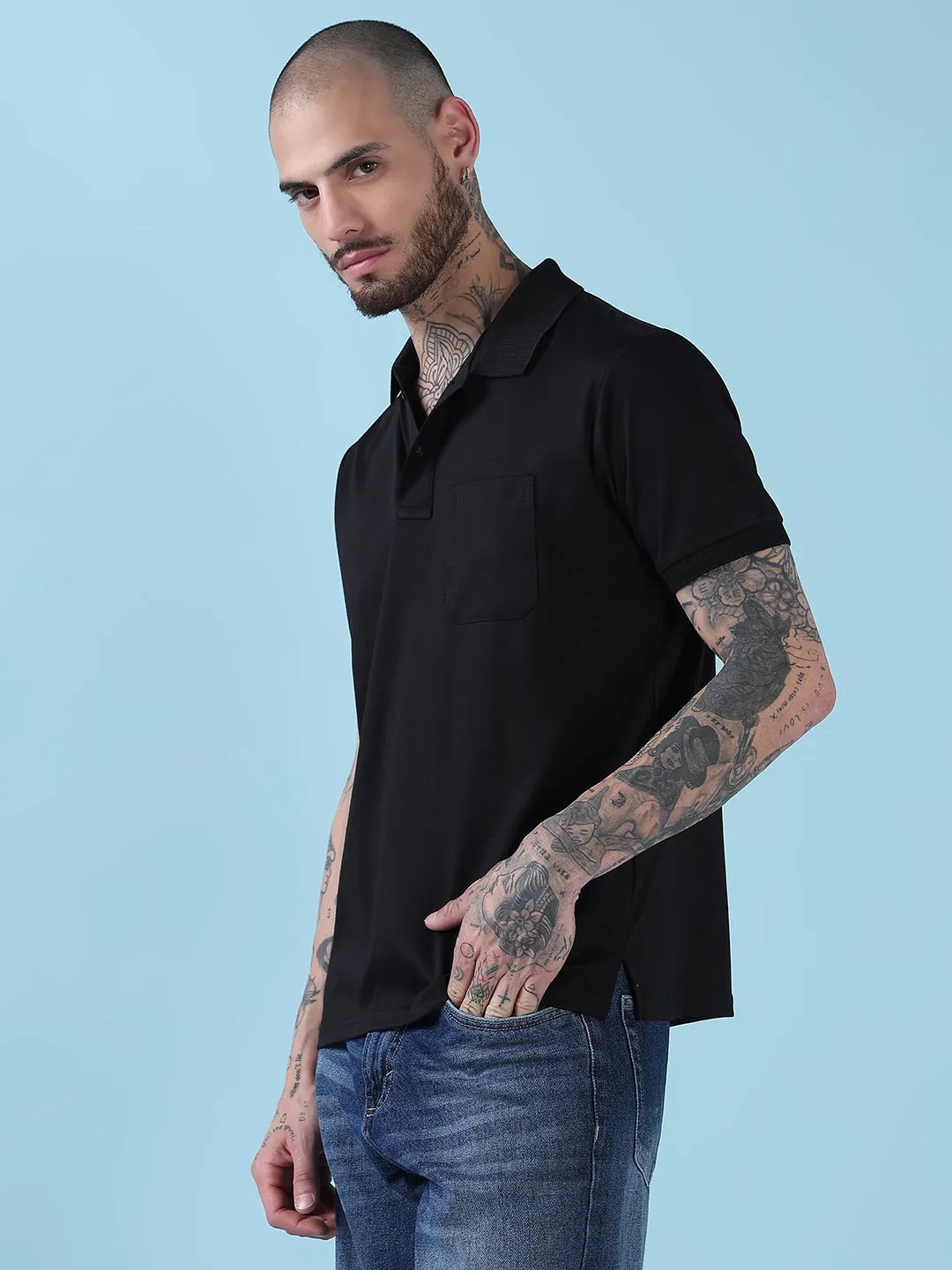 AntiStatic Lining ElasticCuffDesign Men's Black Solid Polo Collar T-Shirt