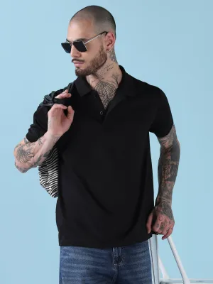 Men's Black Solid Polo Collar T-Shirt Relaxed Fit Smart Casual