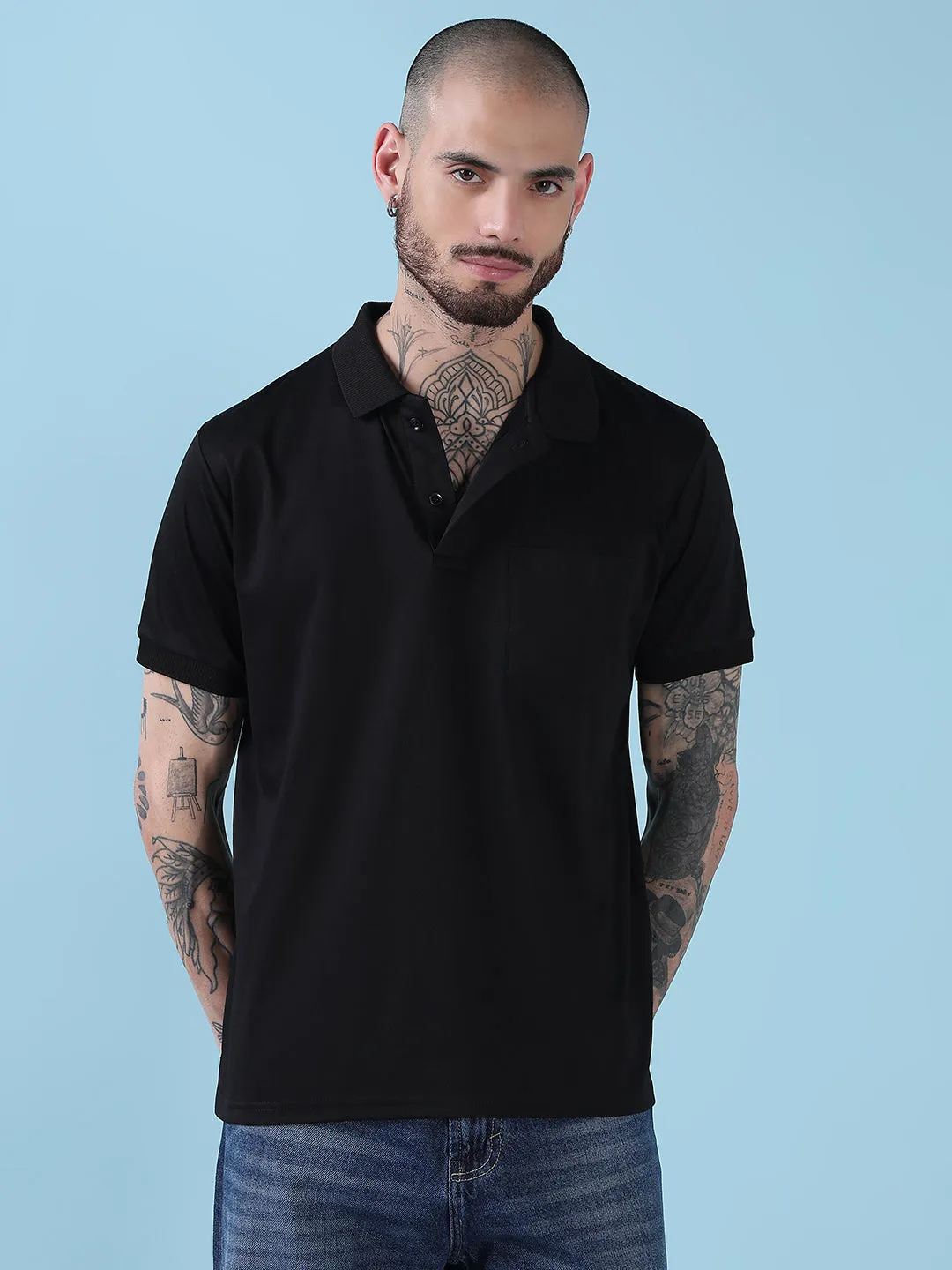 Men's Black Solid Polo Collar T-Shirt Hike Fit