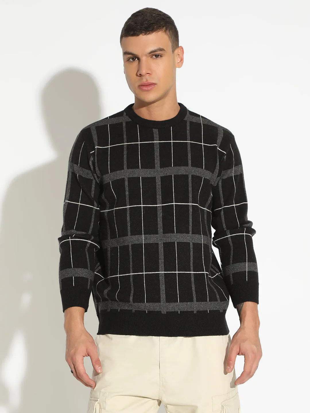 Men's Checked Black Ribbed Pullover Chill Vibe FastDrying Textured Weave