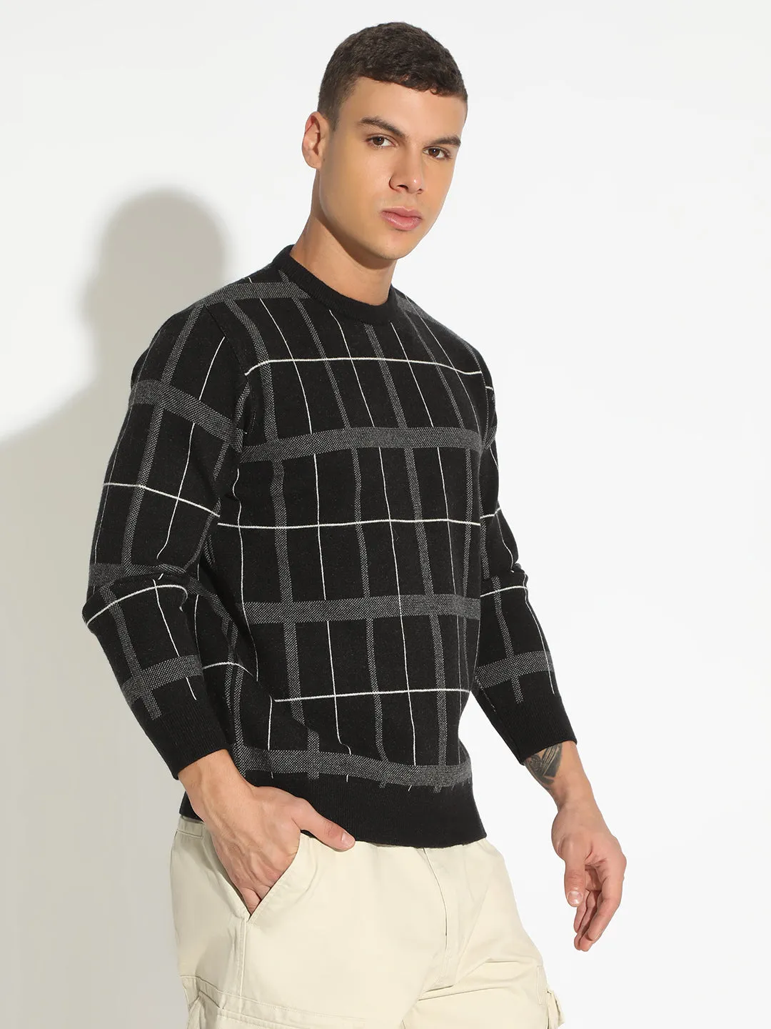 Men's Checked Black Ribbed Pullover Outdoor Comforted MoistureWicking Texture
