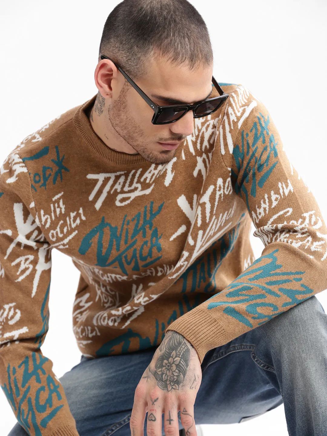 Men's Brown Typography Printed Acrylic Pullover Sweater Clean Cut Soft Microfiber Surface