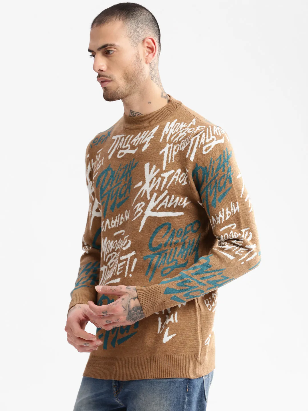 HeatTrapping Fibers Men's Brown Typography Printed Acrylic Pullover Sweater