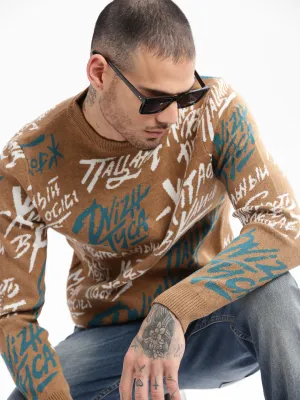 Men's Brown Typography Printed Acrylic Pullover Sweater Clean Cut Soft Microfiber Surface