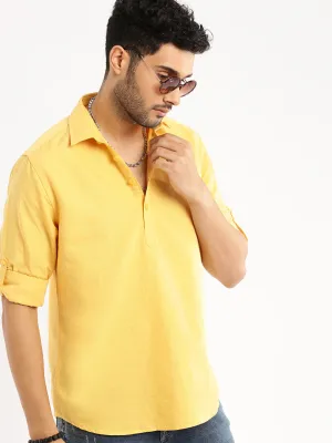 Men's Yellow Solid Shirt Collar Casual Short Shirt Elegant Pants