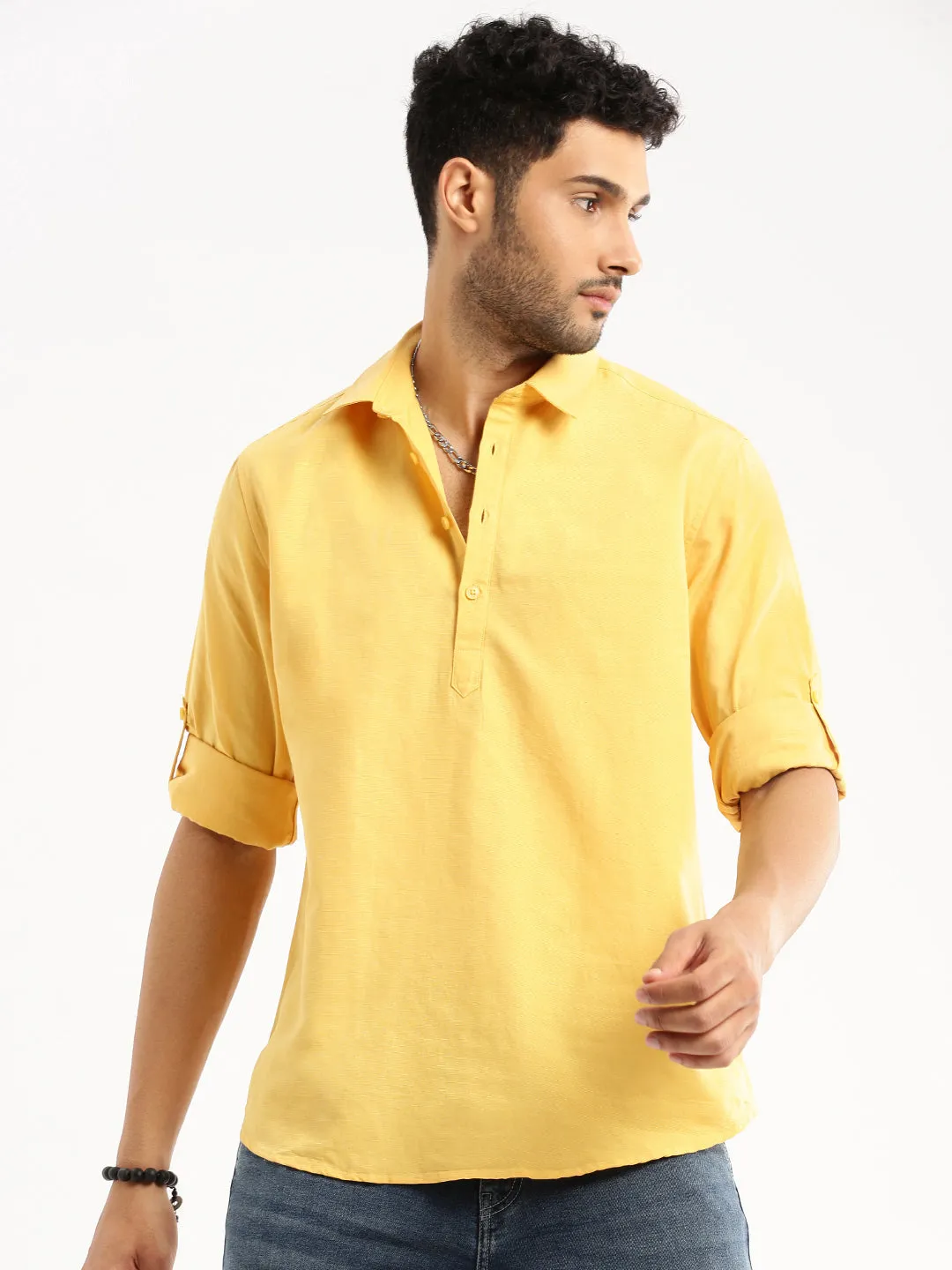 Trendy Sweatpants Men's Yellow Solid Shirt Collar Casual Short Shirt