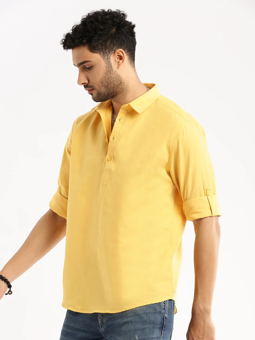 Fashion Layers Men's Yellow Solid Shirt Collar Casual Short Shirt