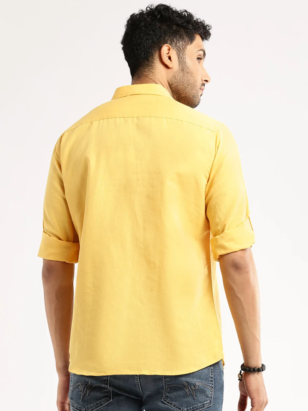 Organza Fit Men's Yellow Solid Shirt Collar Casual Short Shirt