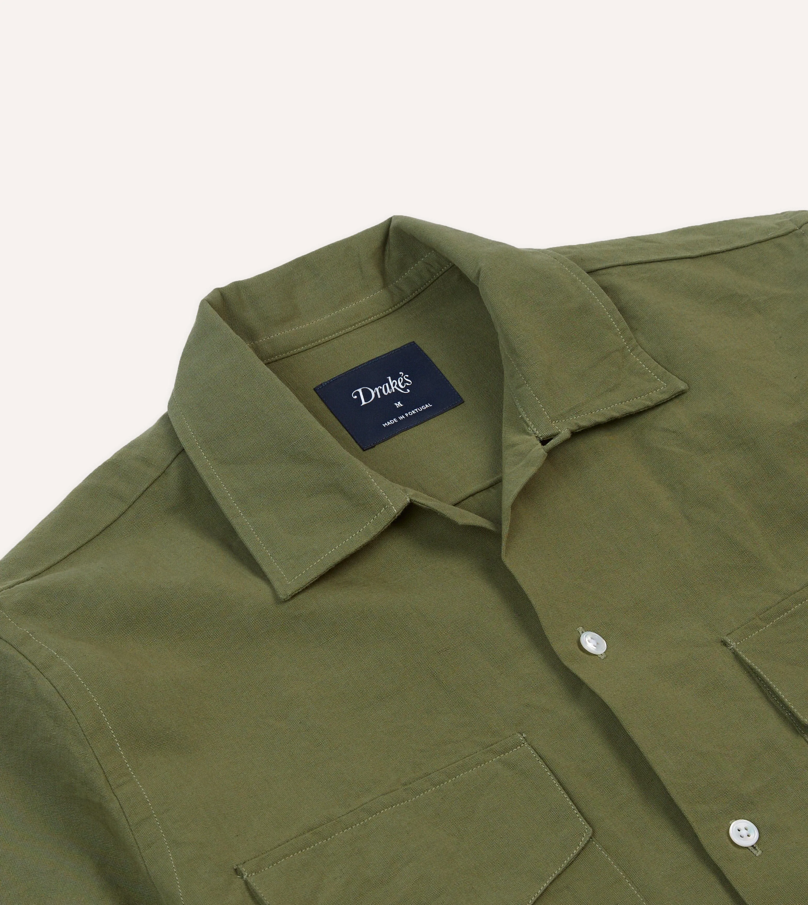 Weekend Ready Olive Cotton-Linen Camp Collar Three Pocket Short Sleeve Shirt