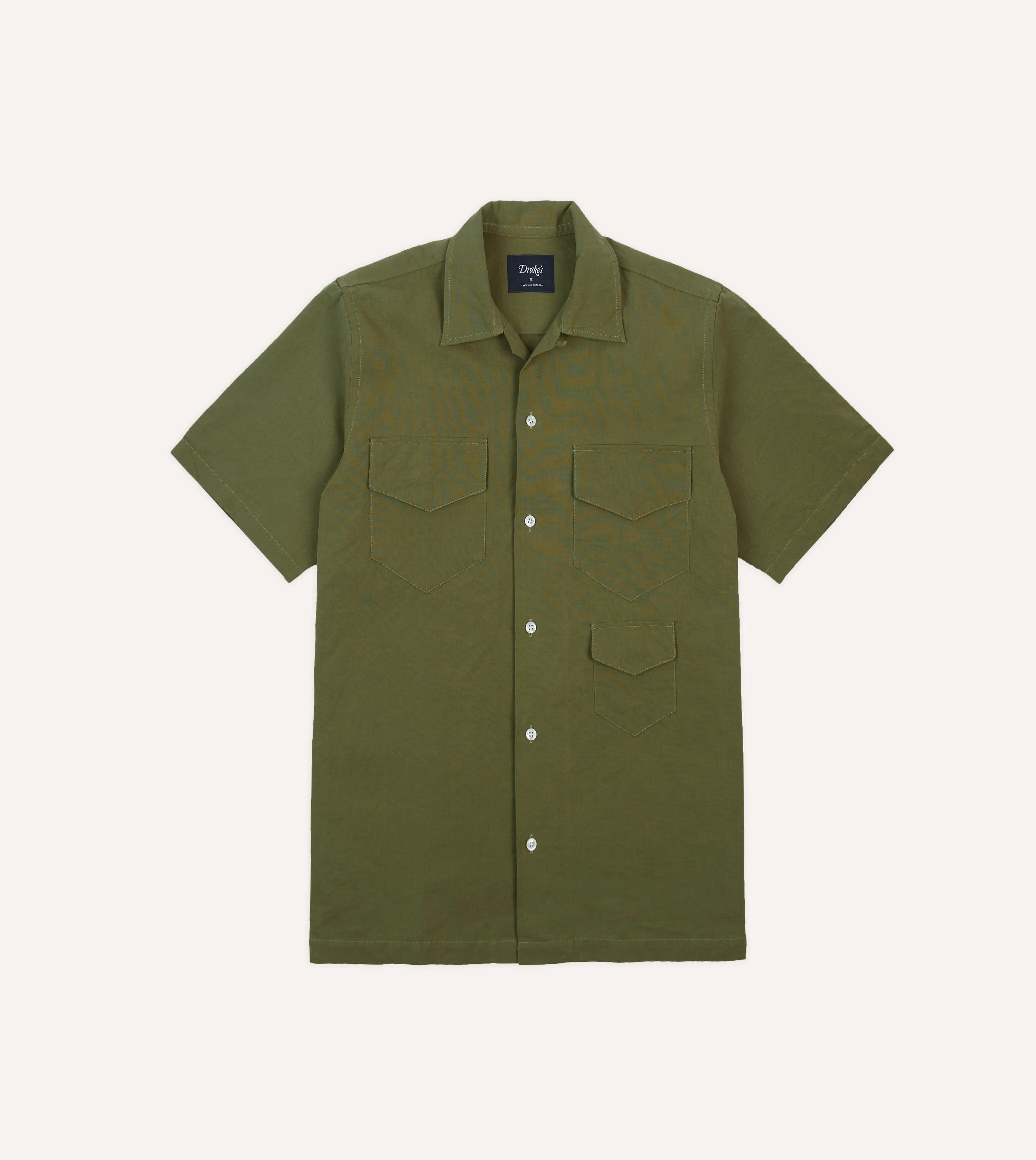 Slim Comfort Garment Dyed Technique Olive Cotton-Linen Camp Collar Three Pocket Short Sleeve Shirt