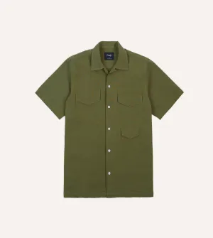 Slim Comfort Garment Dyed Technique Olive Cotton-Linen Camp Collar Three Pocket Short Sleeve Shirt