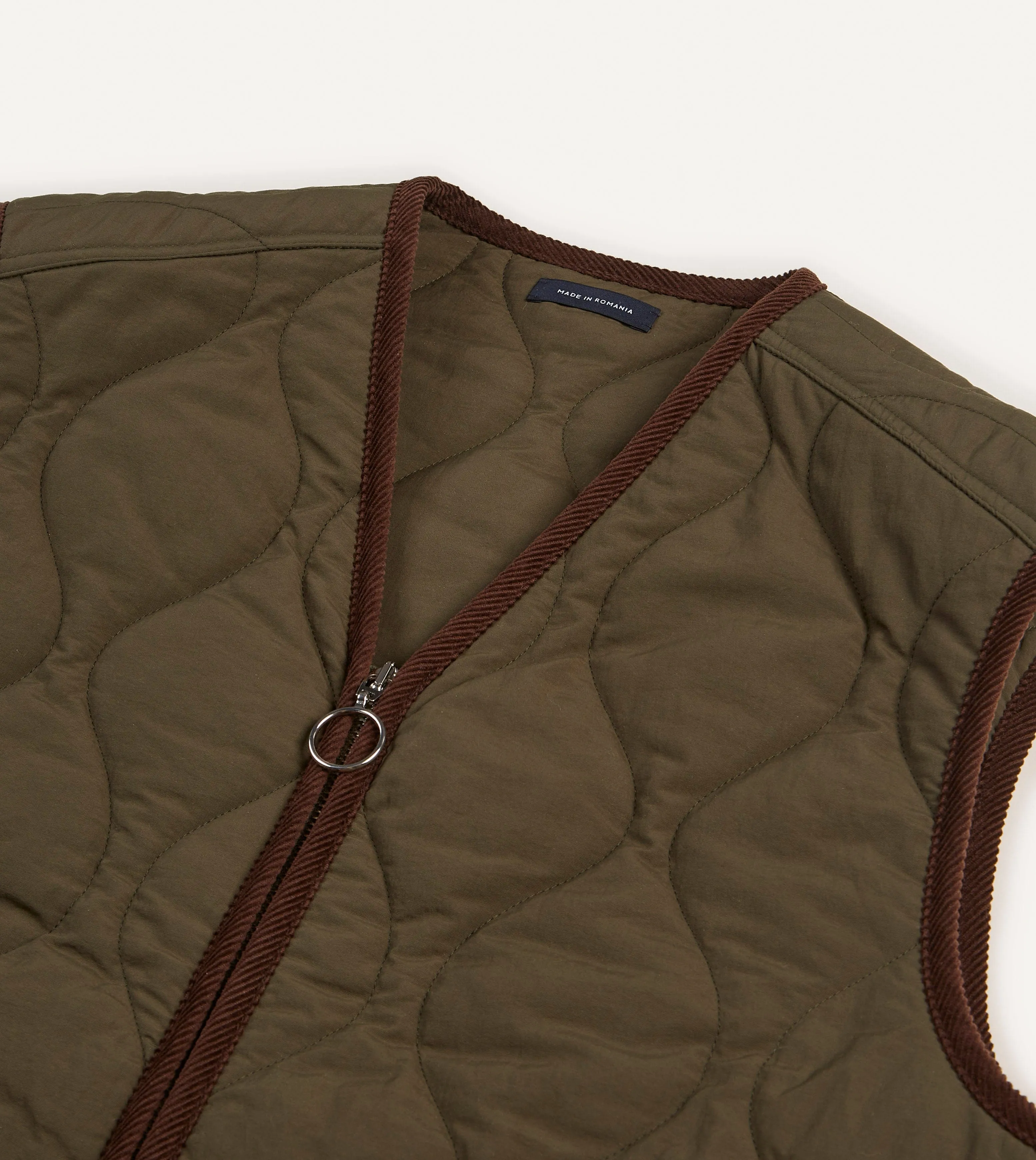 Olive Quilted Nylon Zip Vest Balanced Insulation