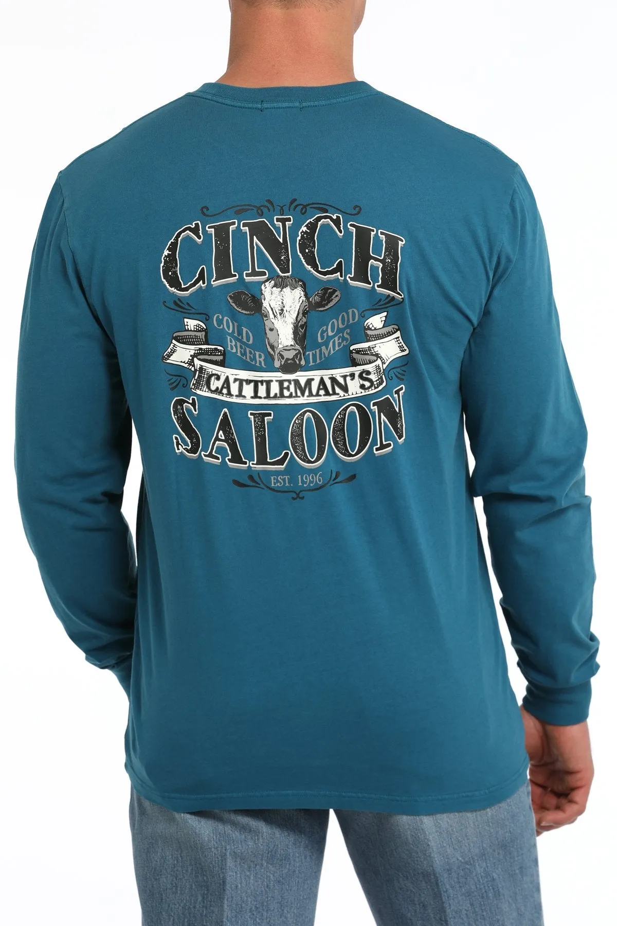 Cinch Men's "Cinch Cattleman's Saloon" L/S Graphic Logo T-Shirt in Teal Functional Fashion cycling outfit