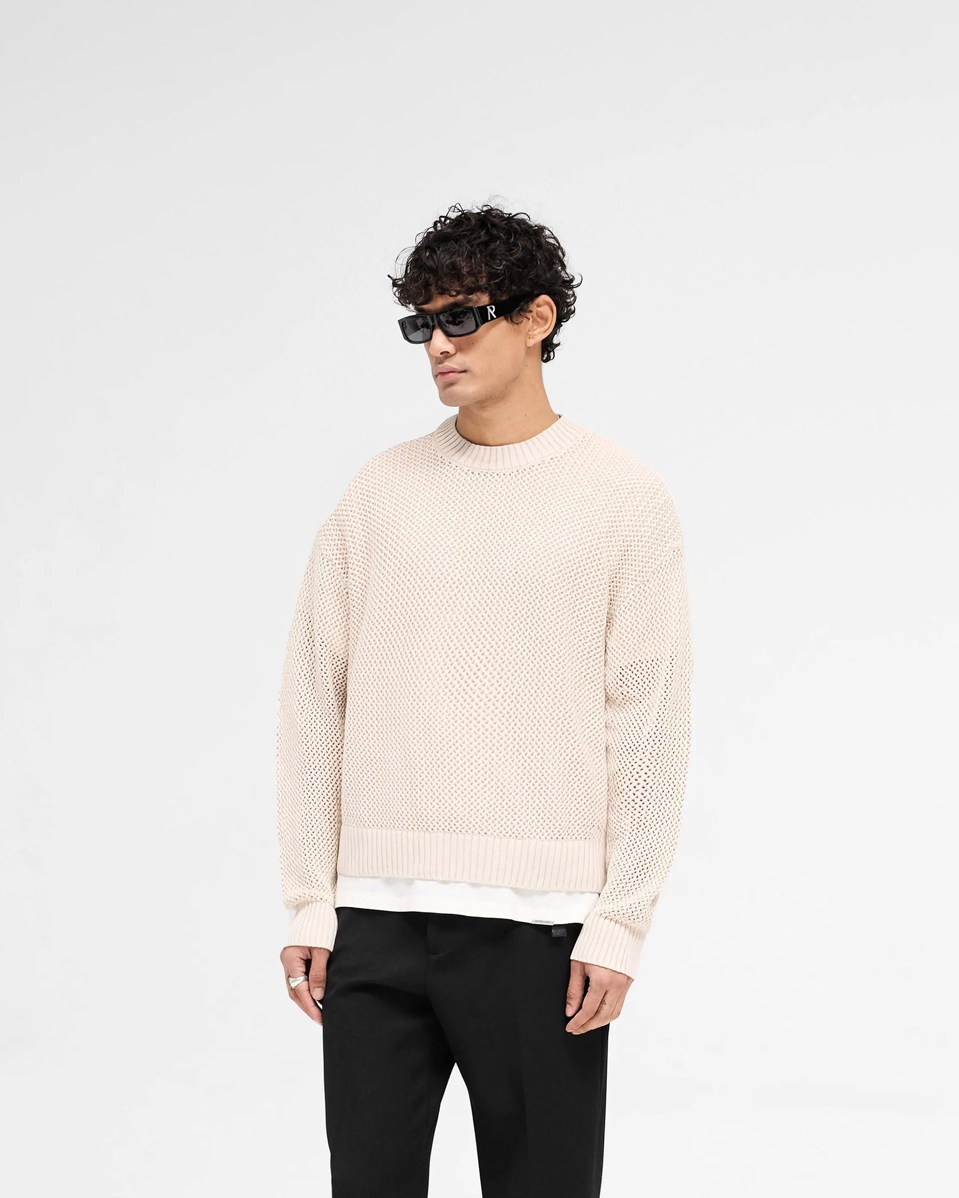 Street Comfort Four Way Stretch Design Open Gauge Knit Sweater - Off White
