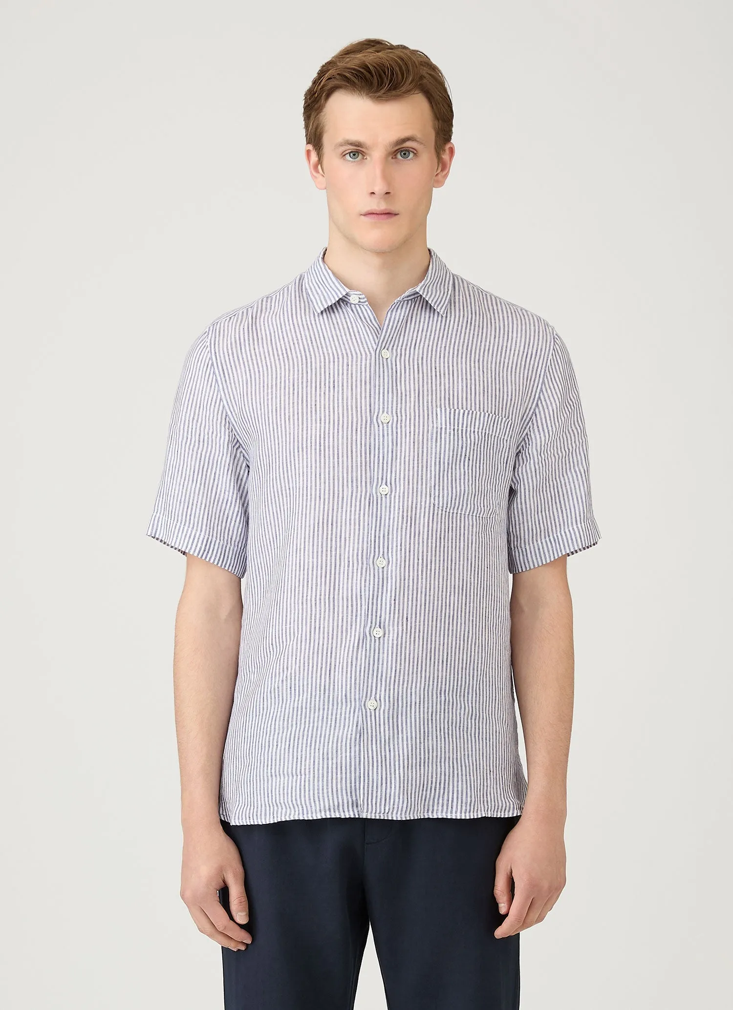 Men's Short Sleeve Linen Shirt in Navy/White Everyday Wear
