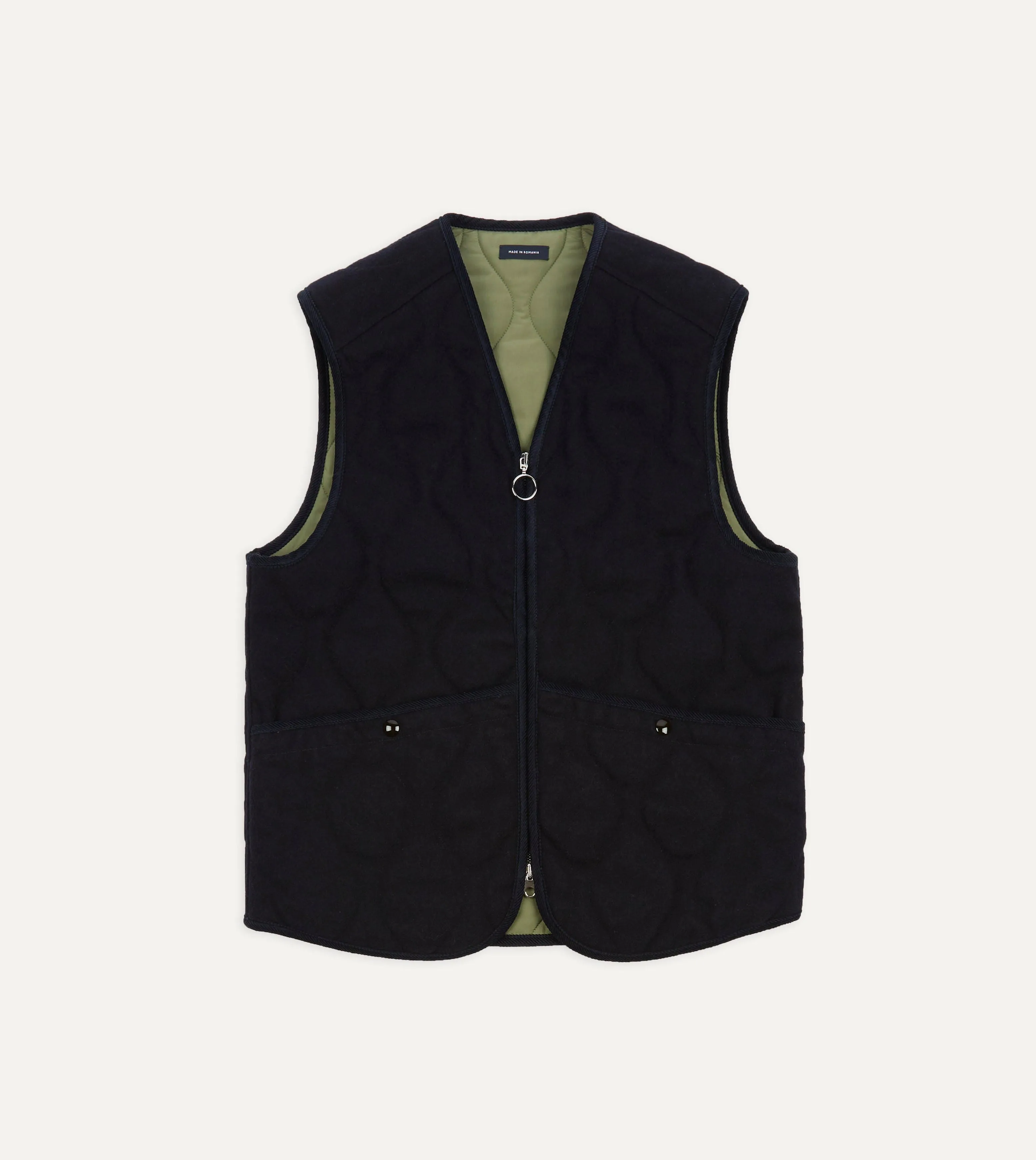 Elasticized Waist Ultraviolet Protection Navy Quilted Melton Wool Zip Vest