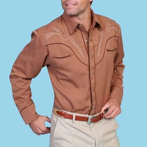 Scully Men's Embroidered Boot Stitch Western Snap Shirt in Brown Effortless Comfort Casual Touch