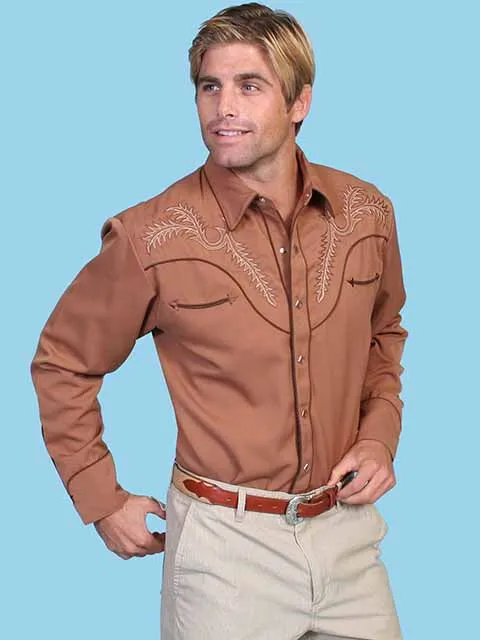 Casual Design Scully Men's Embroidered Boot Stitch Western Snap Shirt in Brown