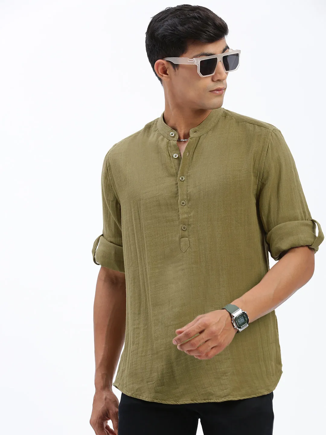 Men's Olive Solid Shirt Warm Pullover