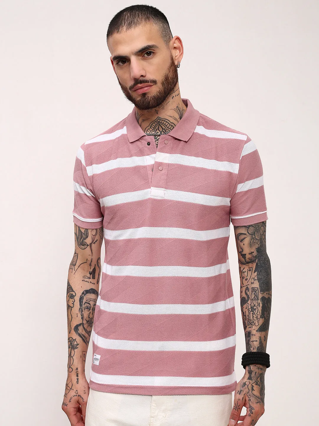 product label information Functional Features Men's Pink Striped Polo Collar Slim Fit Cotton T-Shirt
