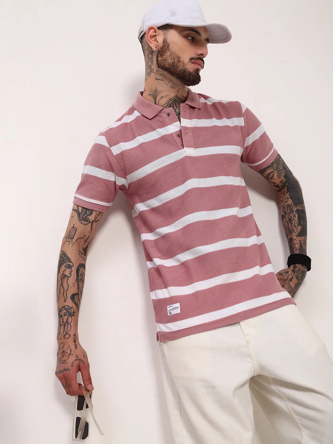 Men's Pink Striped Polo Collar Slim Fit Cotton T-Shirt Outdoor Bold