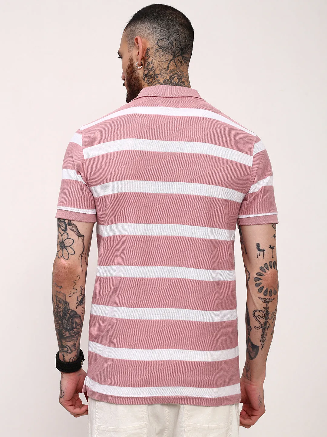 product premium quality Men's Pink Striped Polo Collar Slim Fit Cotton T-Shirt
