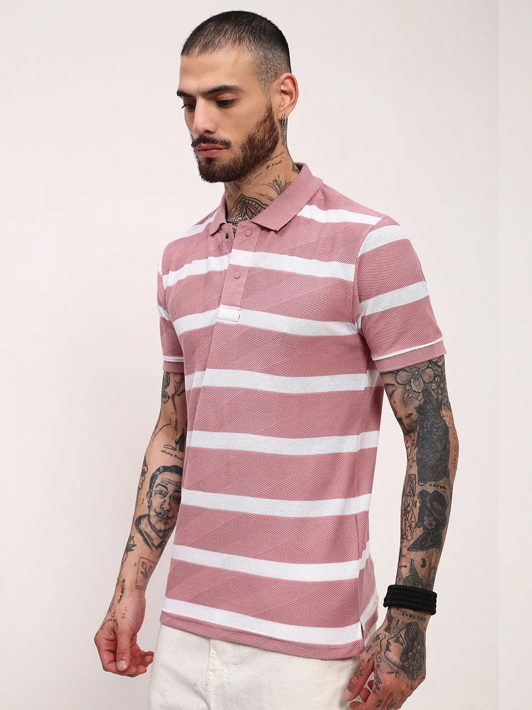 Men's Pink Striped Polo Collar Slim Fit Cotton T-Shirt watch accents product graduation pride