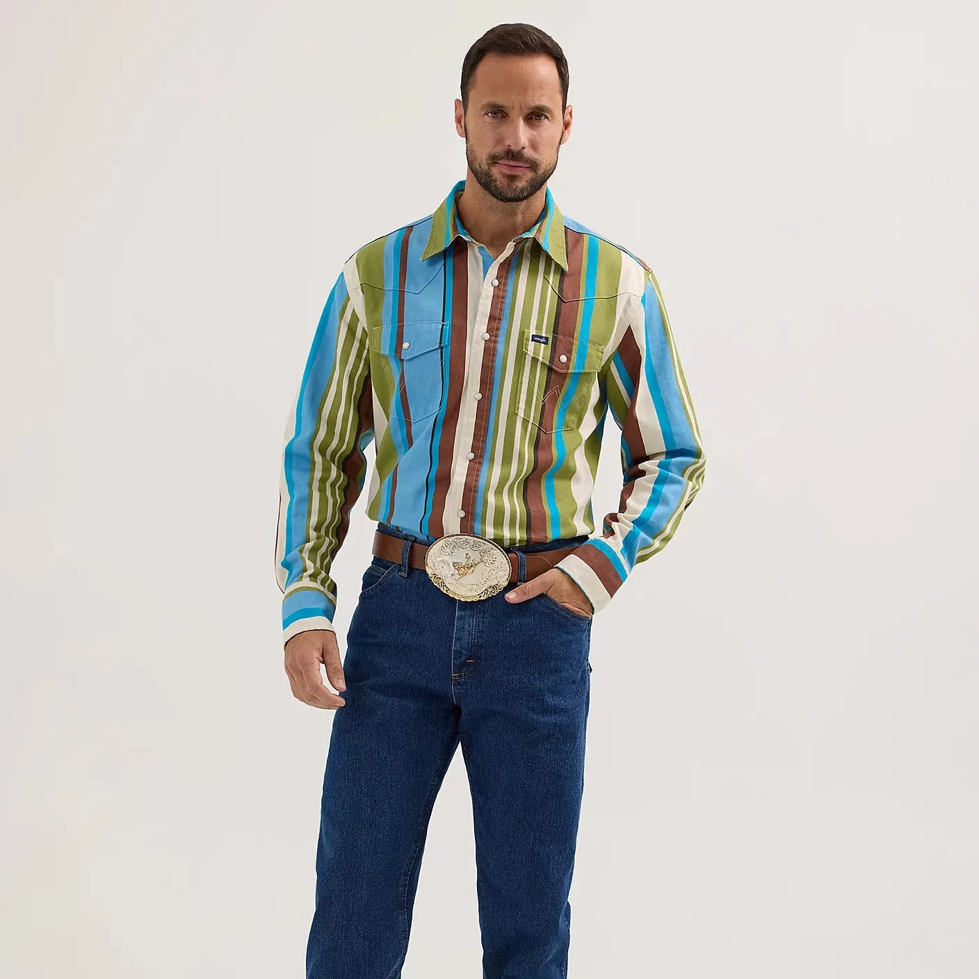 Wrangler Men's L/S Vintage Inspired Brushpopper Western Snap Work Shirt in Green Sky Value for Money