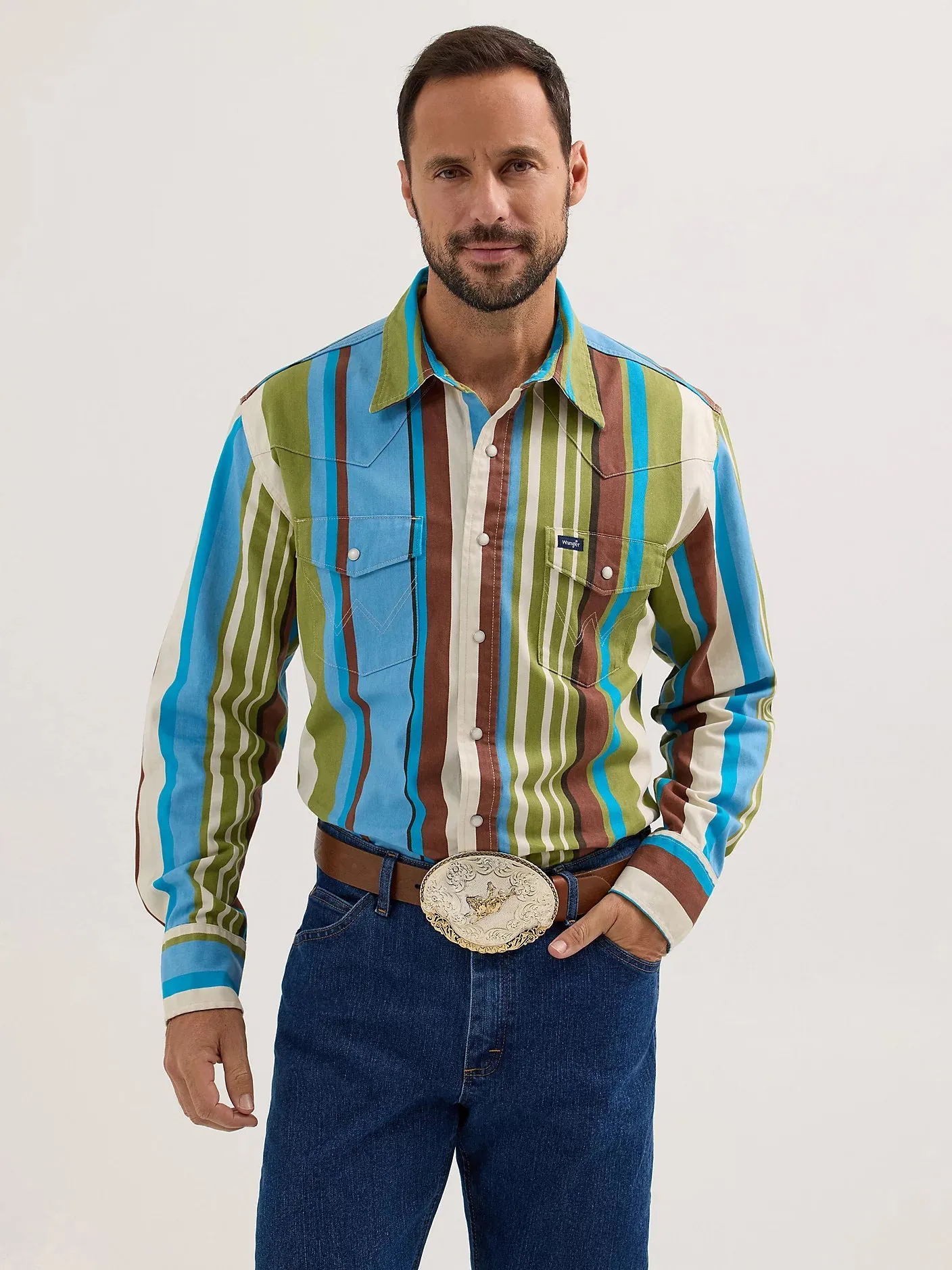 Wrangler Men's L/S Vintage Inspired Brushpopper Western Snap Work Shirt in Green Sky Relaxed and Easy