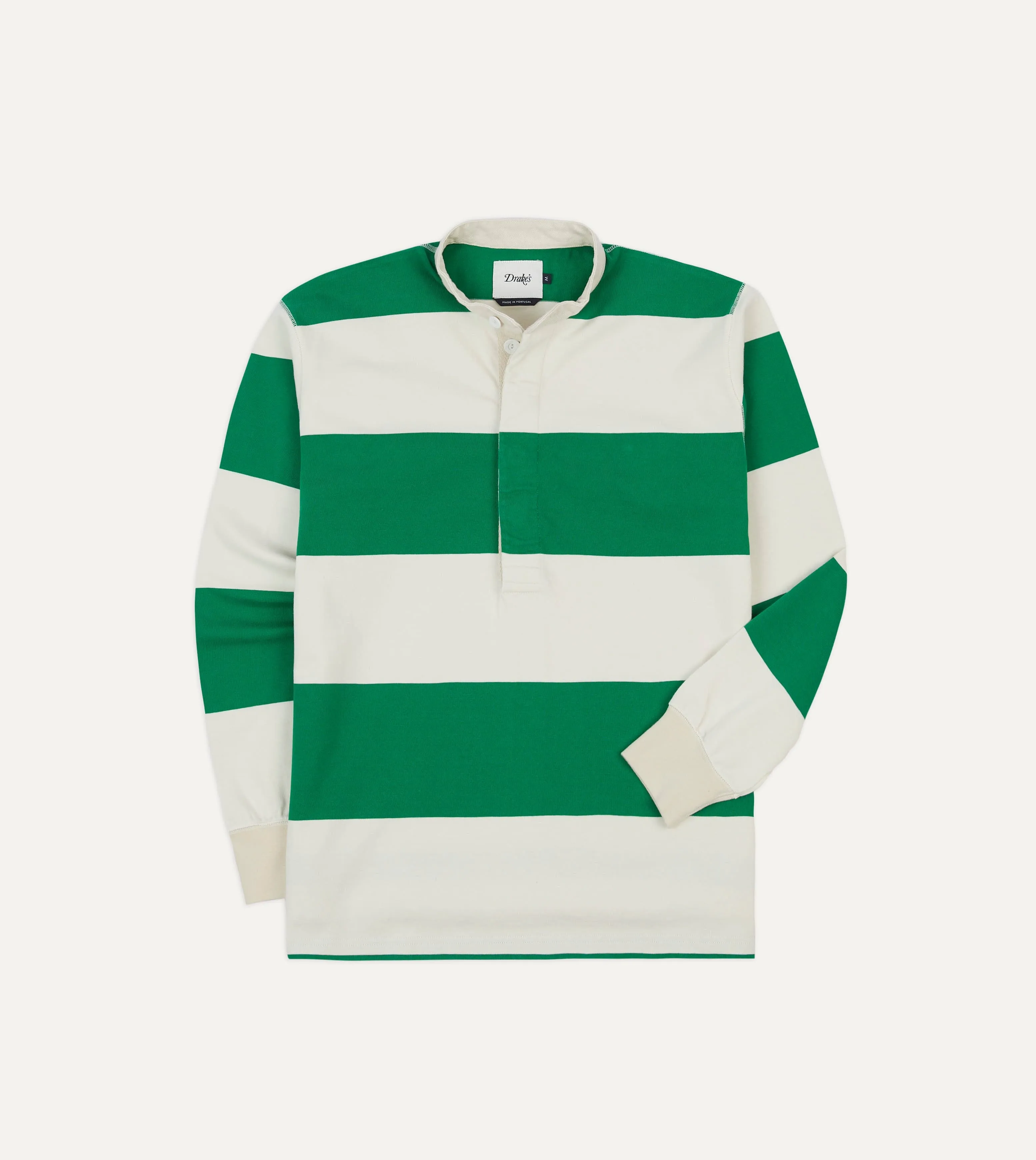 Non Restrictive Cut Green and White Stripe Cotton Mandarin Collar Rugby Shirt