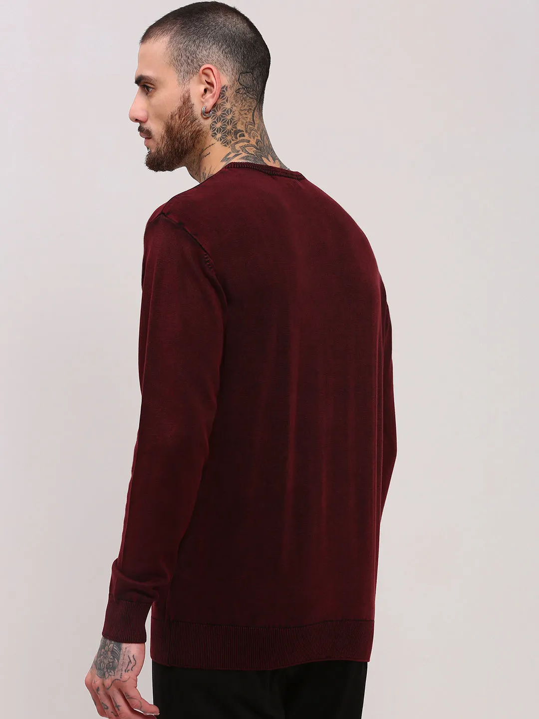 Men's Maroon Full Sleeve Sweater Loopwheel Construction MoistureWicking Textured Weave