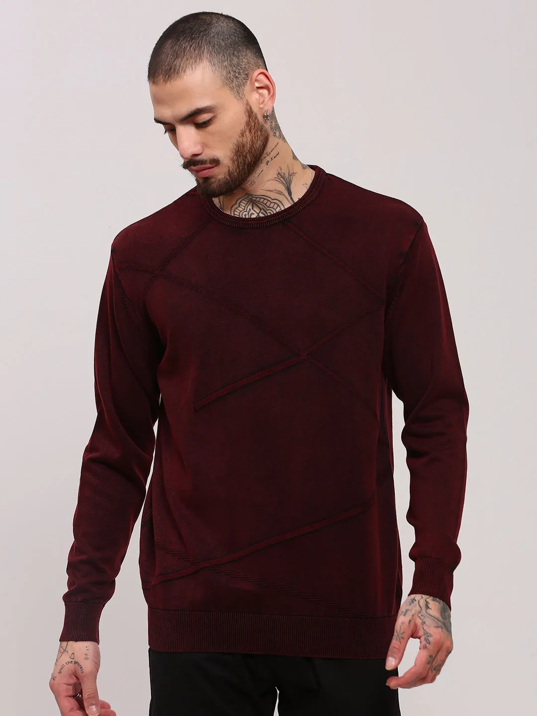Men's Maroon Full Sleeve Sweater Tencel Blend Material Jacquard Pattern