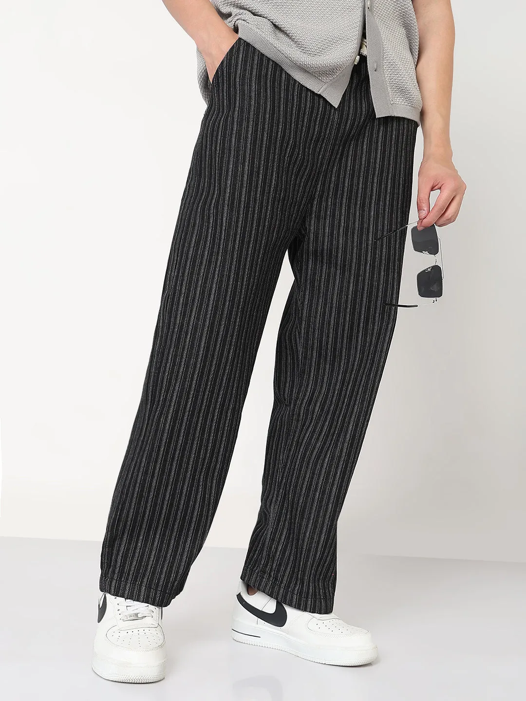 Non Toxic Textile Certified Classic Wear Party Look Men's Black Striped Straight Fit Drawstring Jeans