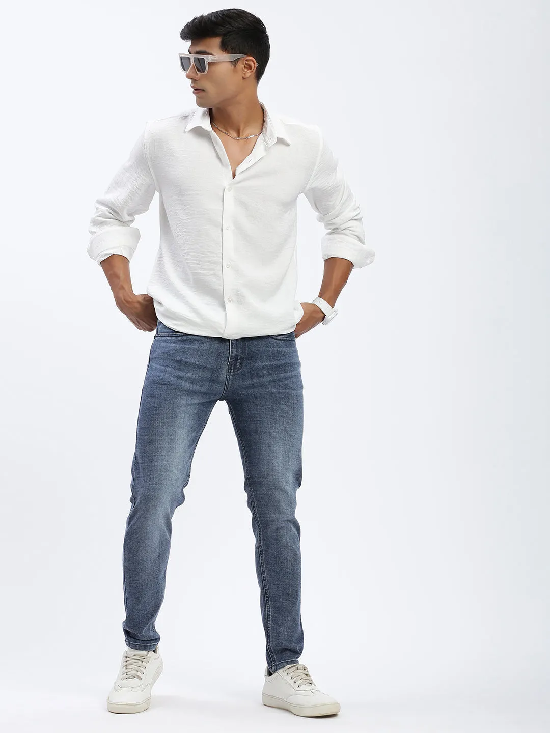 Basic Fashion Fray Resistant Hem Men's Blue Tapered Fit Jeans