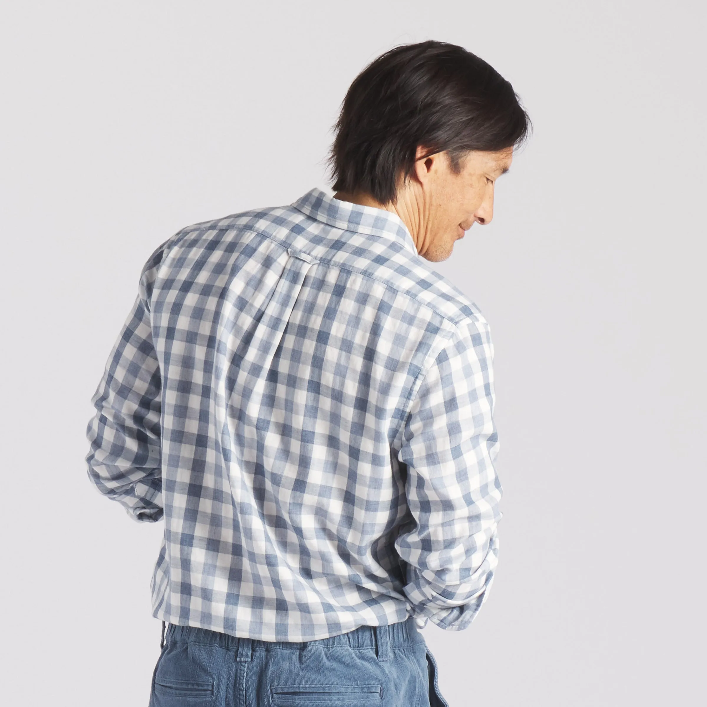 Quick Release Hem Perfect Fit Wear Denby Double Cloth Shirt - Heather Blue Cream Gingham