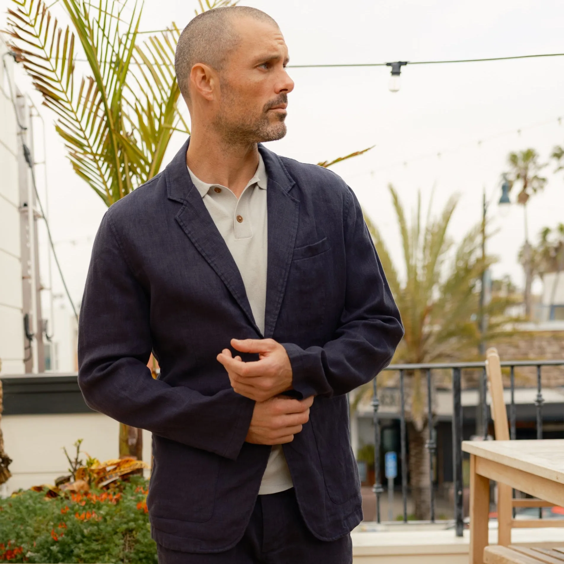 Bal Harbour 2 Button Linen Blazer - Navy Pattern Print Lightweight Comfort