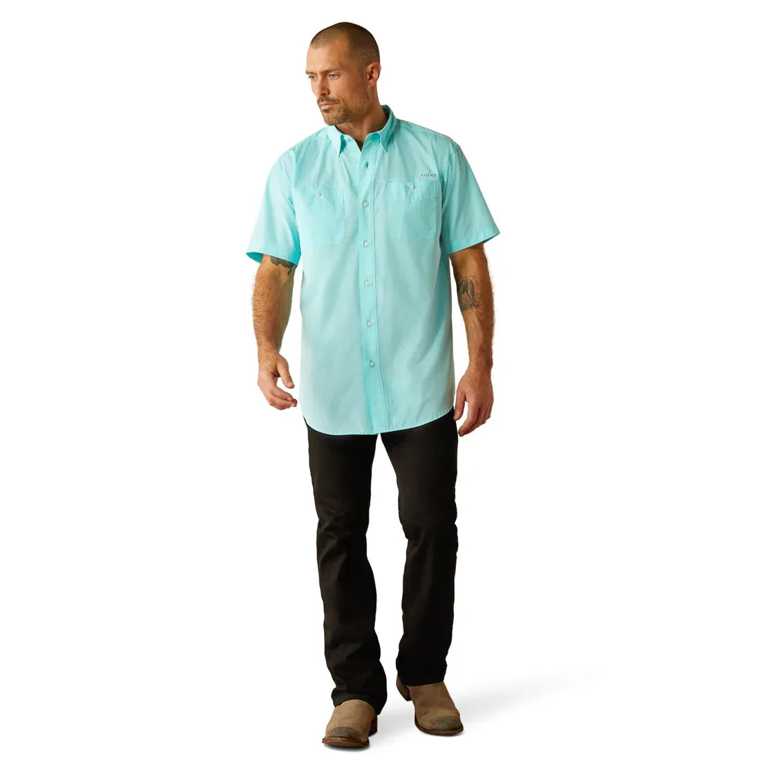 Athletic and Cool Ariat Men's S/S 360 Airflow Classic Fit Western Button Down Shirt in Blue Radiance