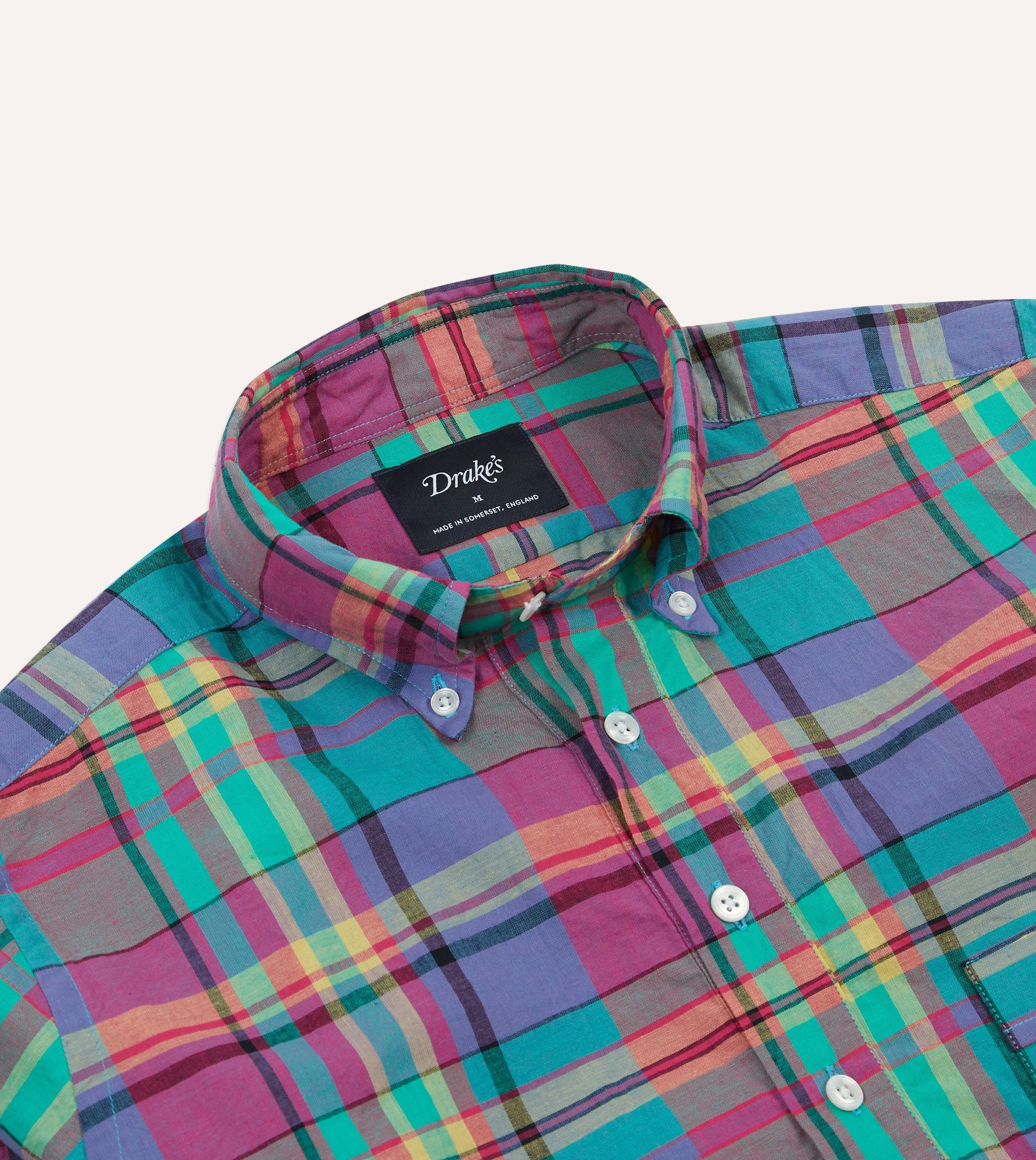 Pink and Blue Madras Check Cotton Button-Down Popover Shirt Casual Fit Breathable fabric
