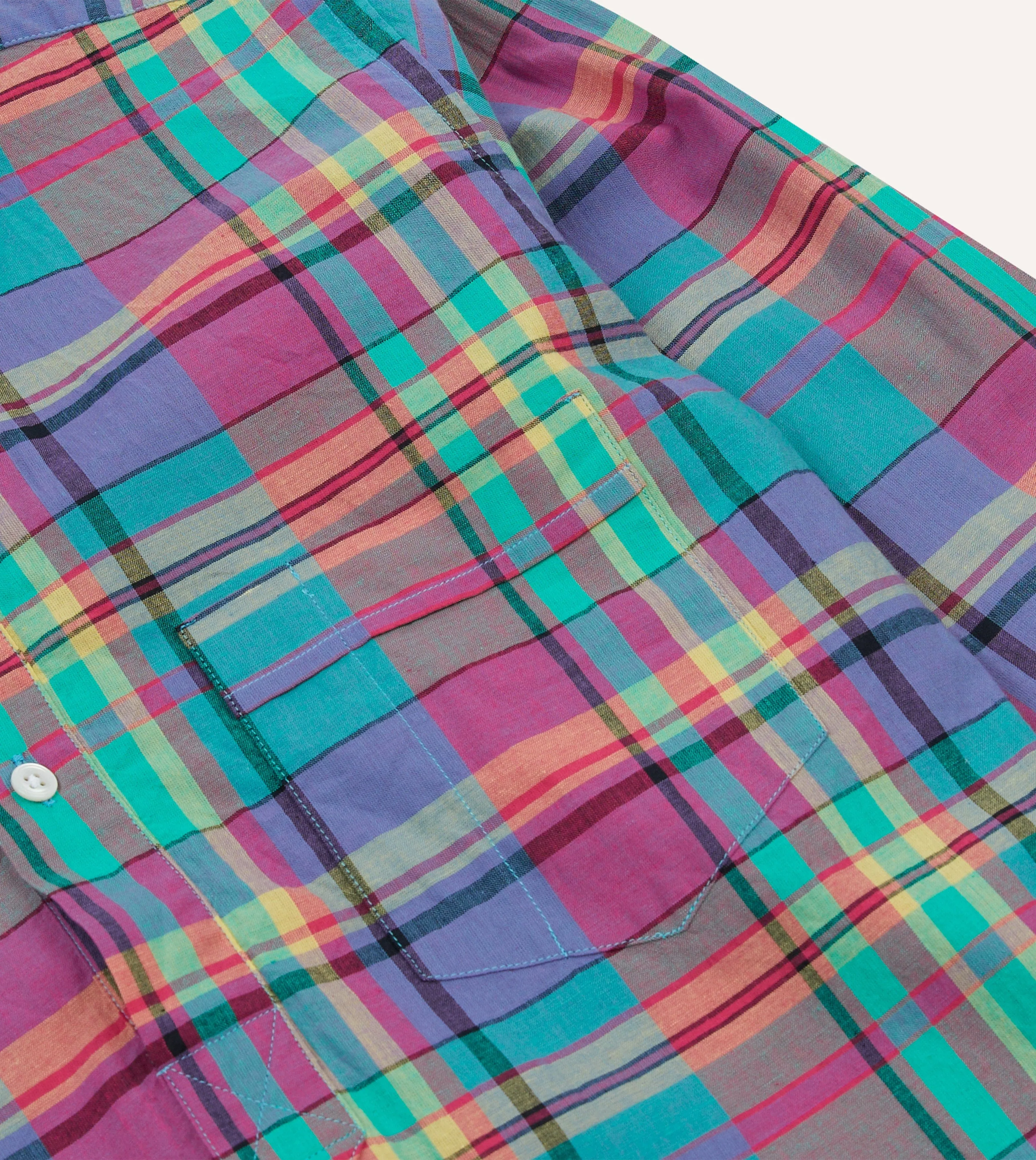 Pink and Blue Madras Check Cotton Button-Down Popover Shirt Cozy Flex Sporty Layer Look