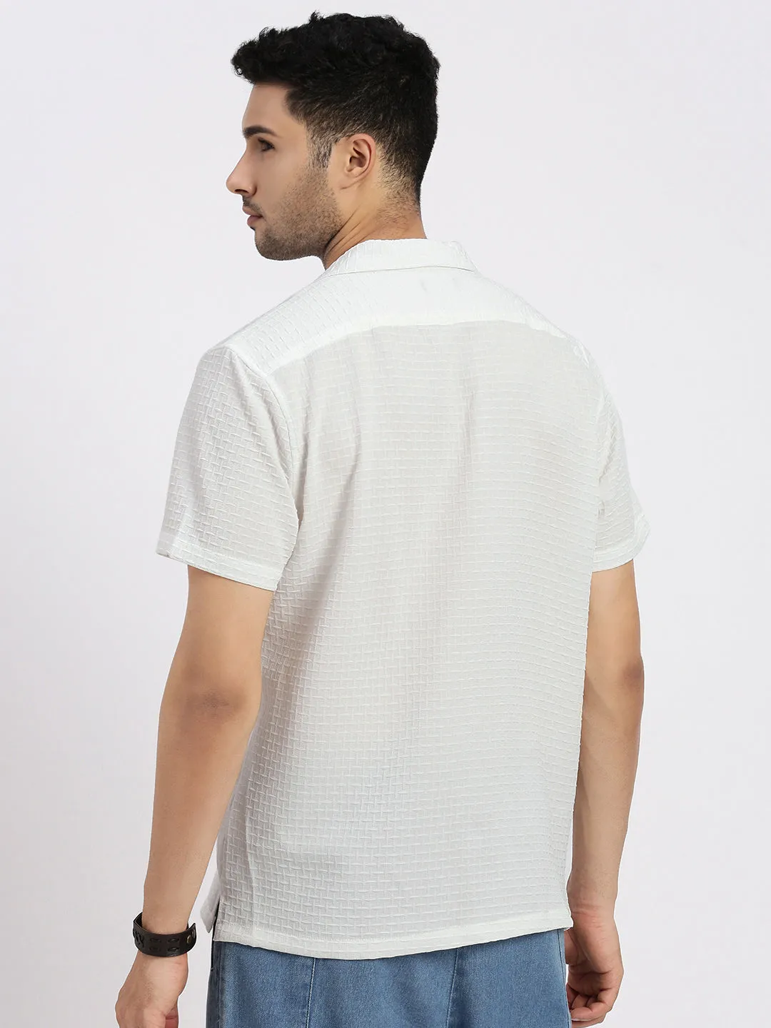 Trendy Top Comfortable Outerwear Men's White Comfort Cuban Collar Solid Crepe Relaxed Fit Casual Shirt