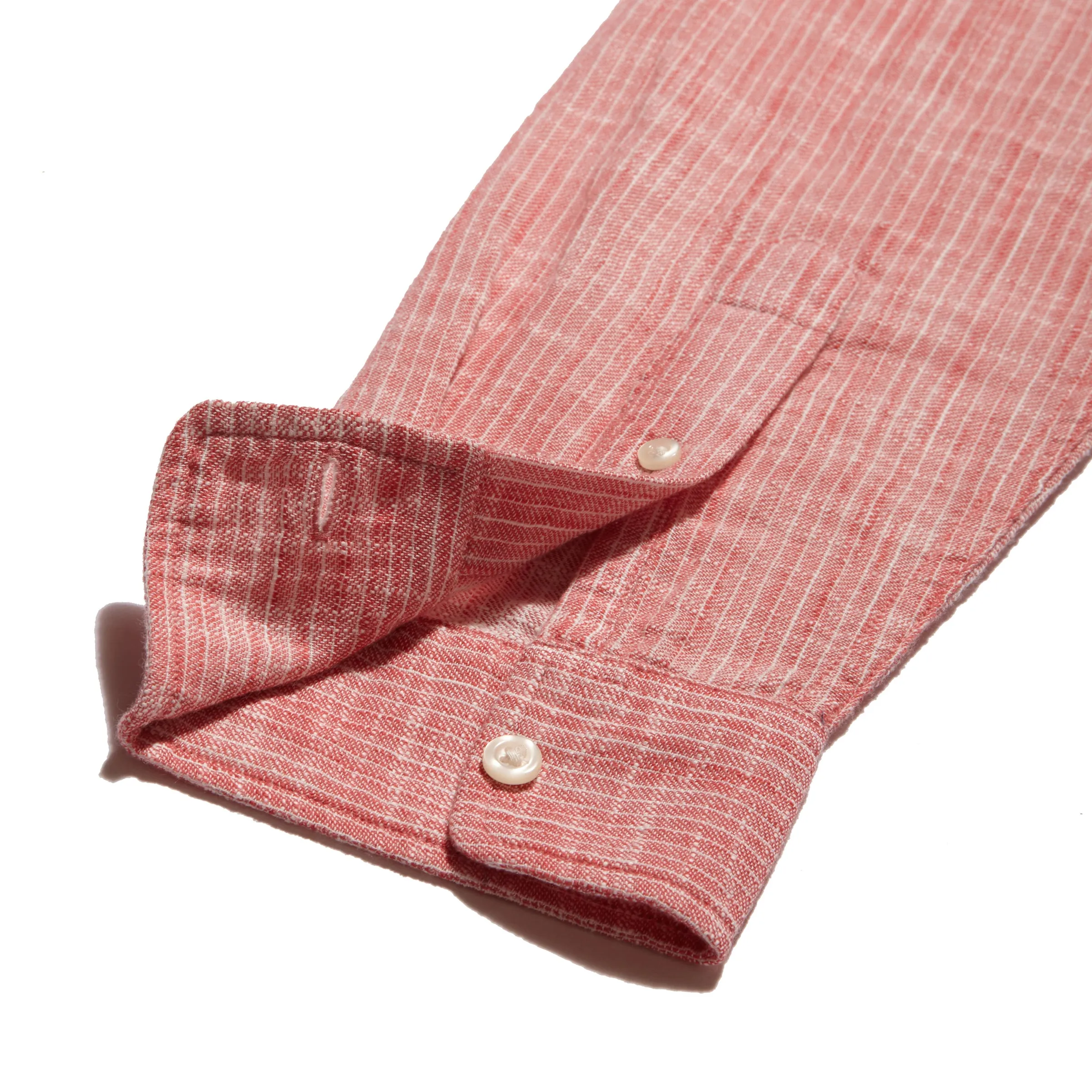 Daily Comfort Style Wide Neck Opening Madras Cottage Loom Chambray Shirt - Red Chambray Stripe