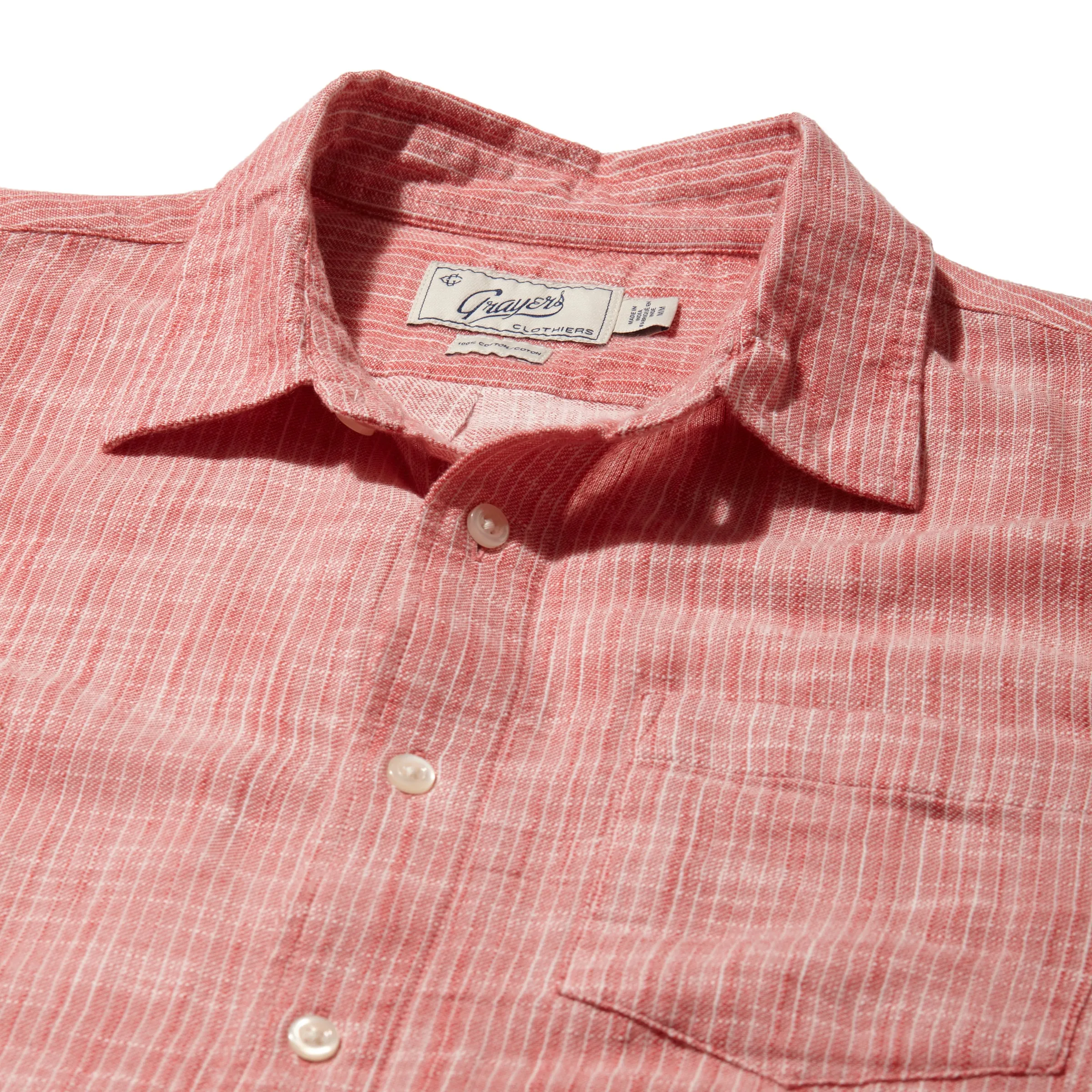 Madras Cottage Loom Chambray Shirt - Red Chambray Stripe Tagless Neckline Smart Layering