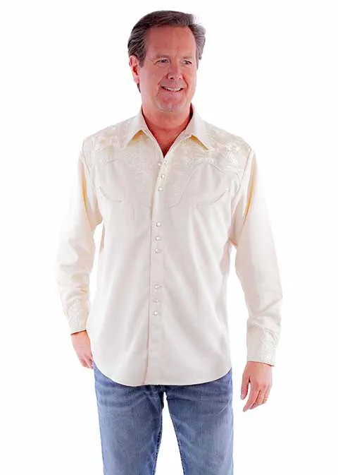 Minimal Comfort Style PocketDetail Scully Men's Floral Tooled Embroidered Western Snap Shirt in Ivory