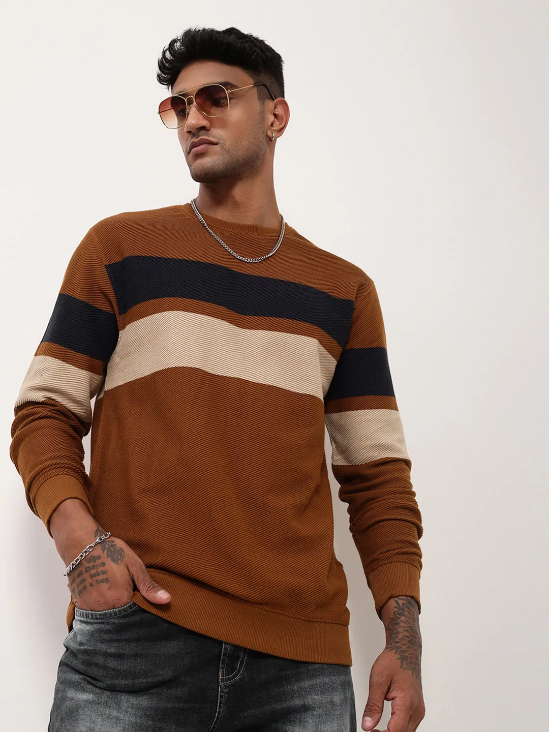KnitCuff Reinforcements Closet Essential Men's Brown Colourblocked Sweater