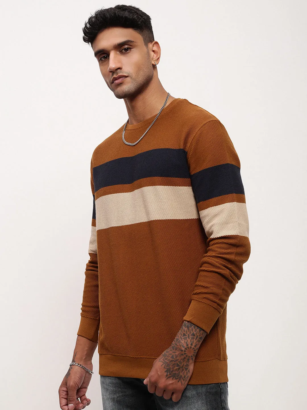 Men's Brown Colourblocked Sweater Core Style Low Key