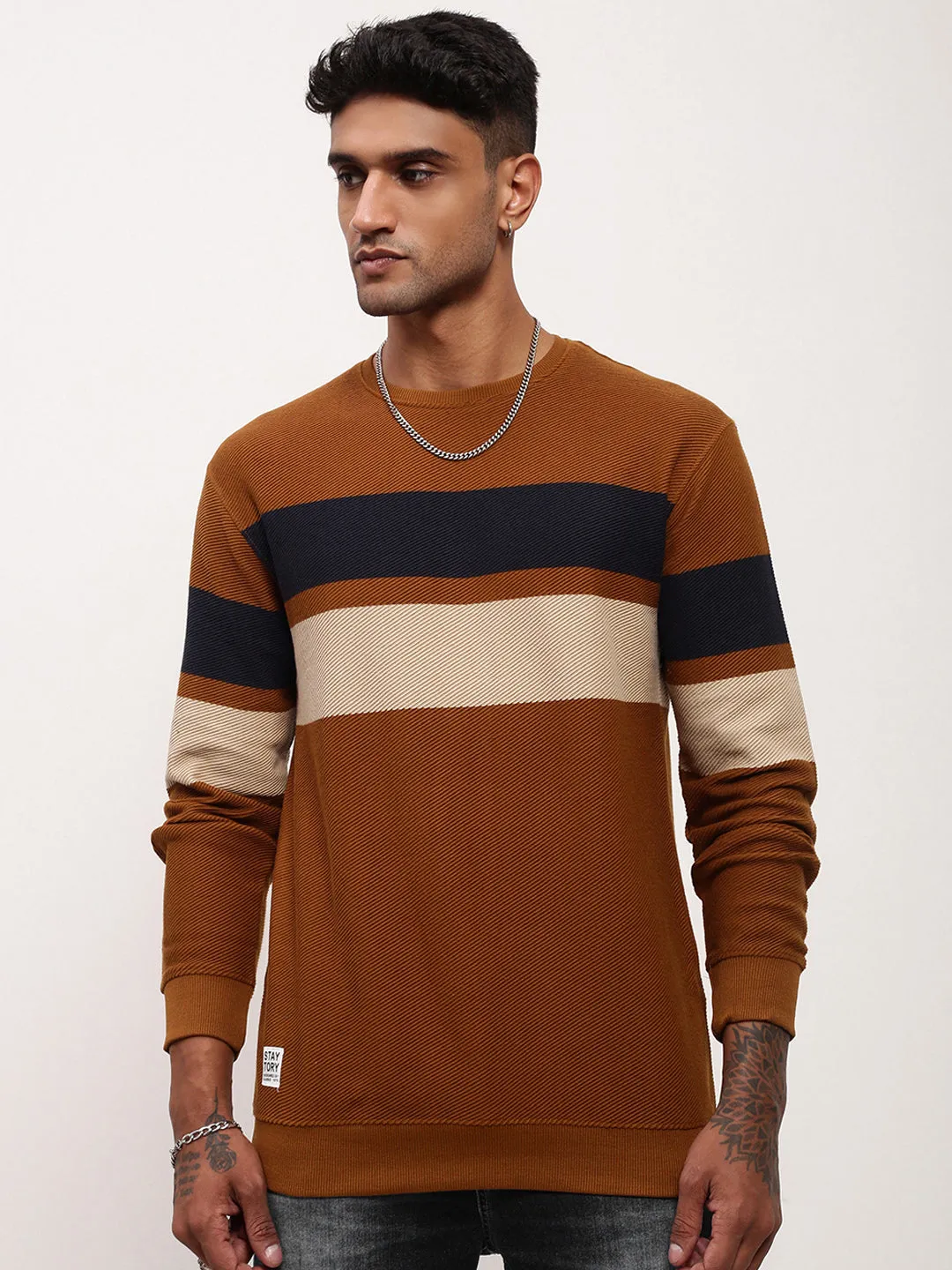 Men's Brown Colourblocked Sweater Autumn Fashion