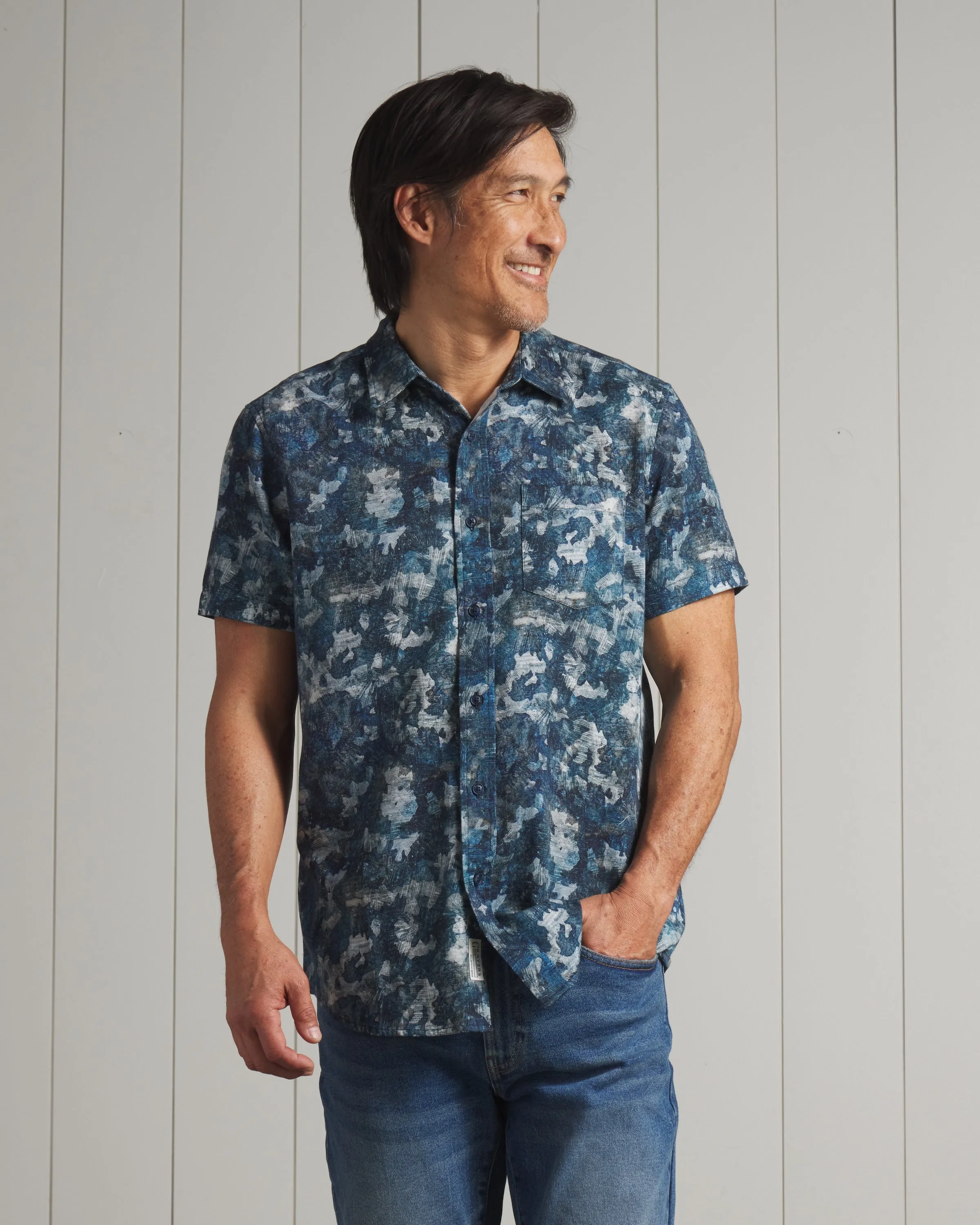 Seasonal Wear SunProtectionFabric Bedford Textured Printed Shirt - Blue Camo Print