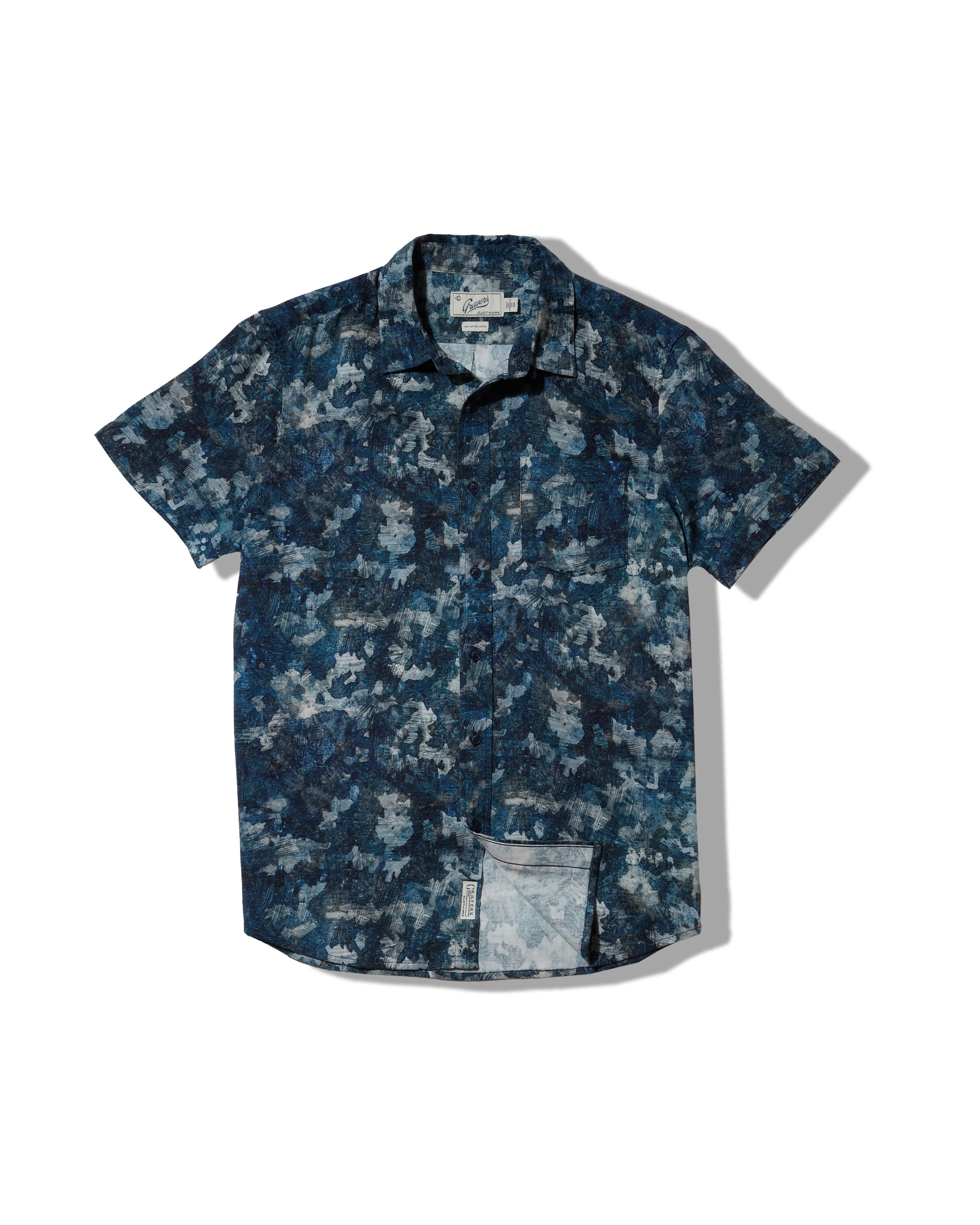 Long Sleeve Effortless Design Bedford Textured Printed Shirt - Blue Camo Print